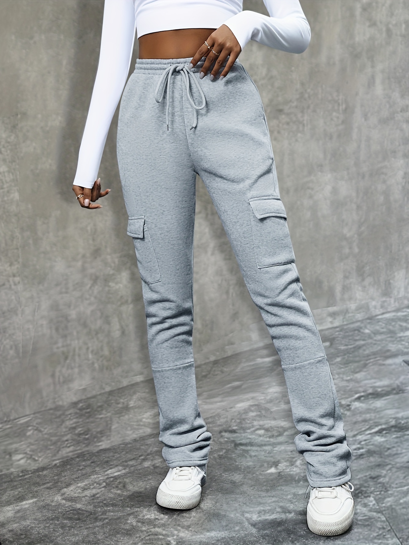 Stacked Sweatpants Pocket Design Drawstring Ruched Sweatpants
