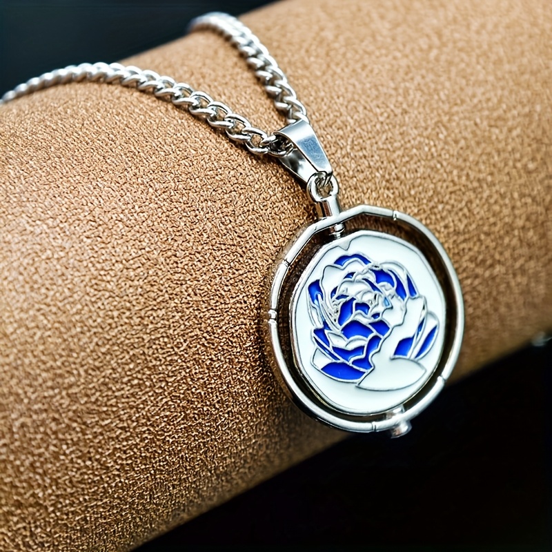 TEMU 1pc Double-sided Blue And White Rose 201 Stainless Steel Chain Pendant, Simple And Exquisite Chinese Ancient-style Accessory