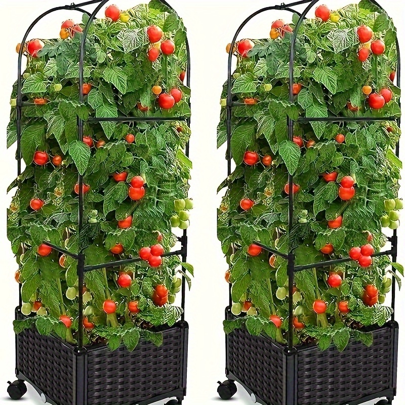 

2 Pack Tomato Planter With Trellis, 53 Inch Self-watering Tomato Planter Boxes With Wheels, Raised Garden Bed Planter Box Trellis Support Cage For Plants/vegetables