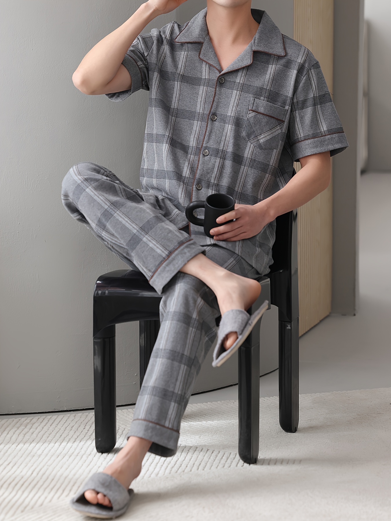 Men's Cotton Pajama Set - Lightweight, Breathable Summer Sleepwear with Short Sleeve Button-Up Top & Long Pants, Plus Size Available