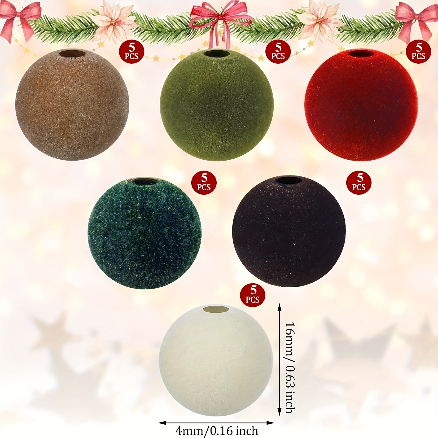 30pcs Christmas Velvet Beads For Craft 16mm Flocking Spacer Ornament Christmas Tree Ornament Velvet Bead For Making Garland Tiered Tray Tree Decor