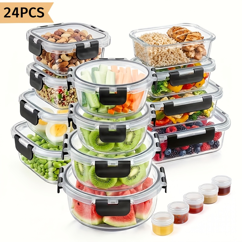 TEMU 24pcs Glass Food Storage Container Set, 12pcs 12pcs With Leak Proof Lid, Comes With 5 Seasoning Distribution Bottles, Free Of Bisphenol A, Glass