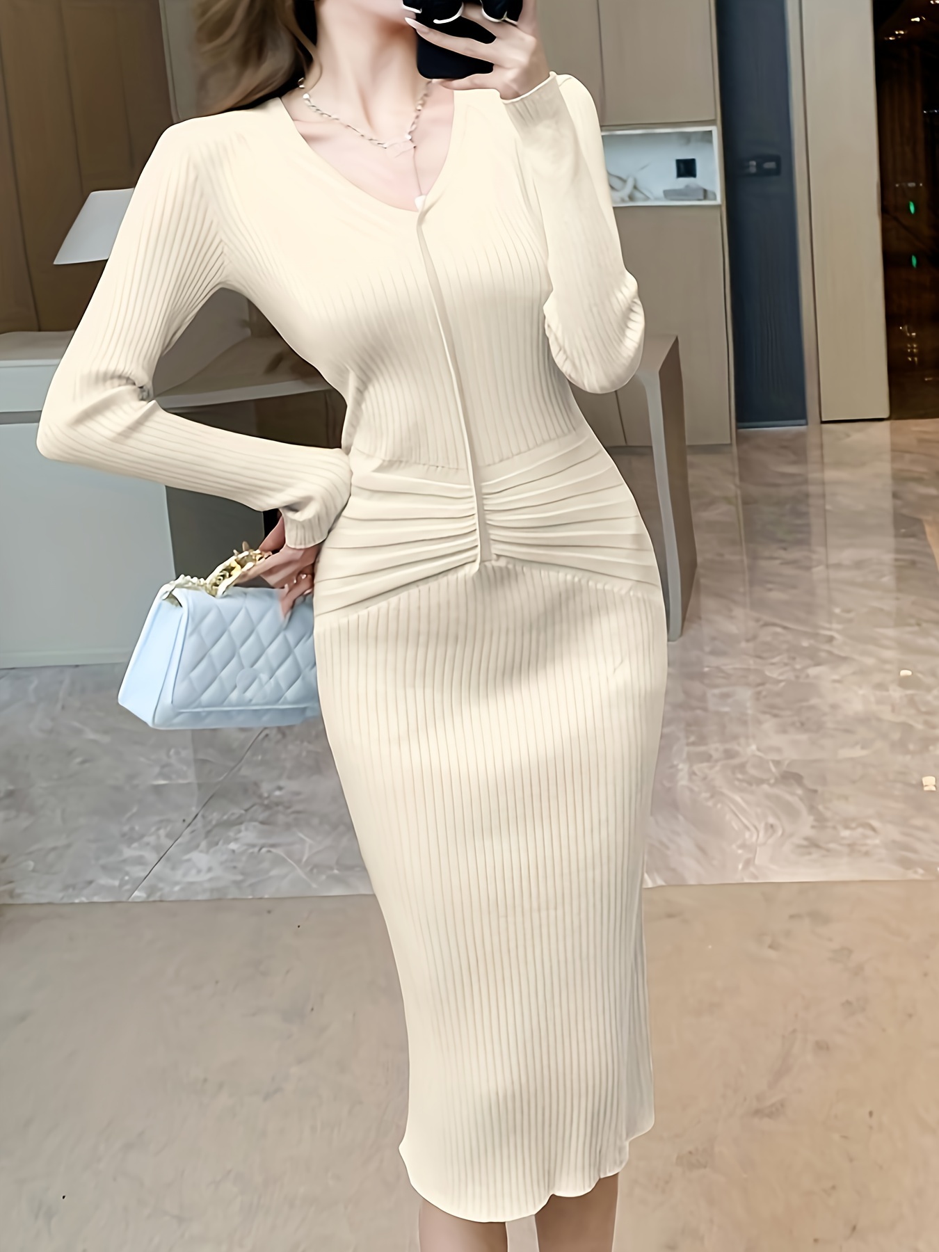 Solid Rib-knit Bodycon Dress, Elegant Long Sleeve V-Neck Sweater Dress,  Women's Clothing