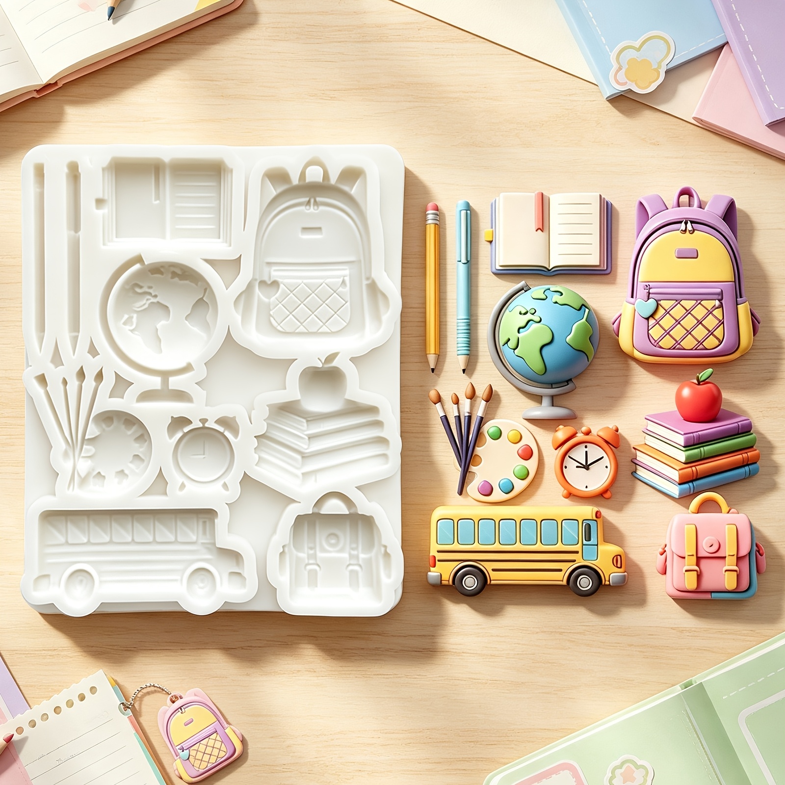 TEMU 1pc School Supplies Fondant Mold, Featuring Of School Bags, School Buses, Books, Globes, Paintbrushes, And Alarm Clocks, Made Of Food-grade,