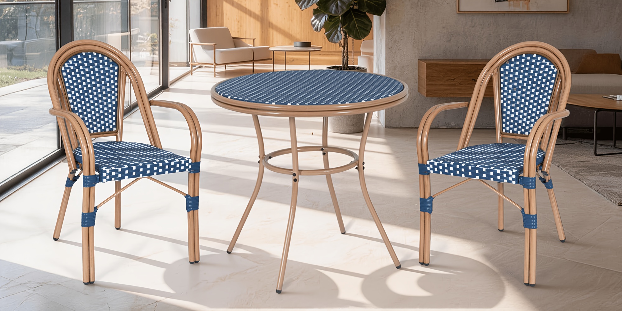 French Bistro Chairs Set Of 2, Hand-Woven PE Rattan Outdoor Arm Dining Chairs with Metal Frame for Garden Balcony