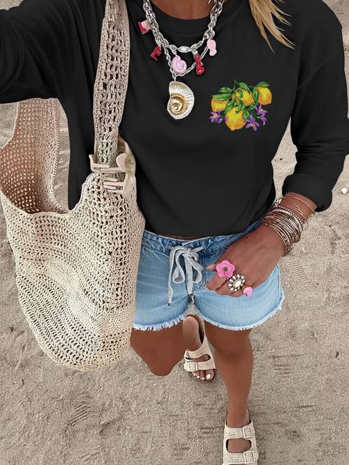 doppelseitig bedrucktes freizeit-top für damen für frühling/herbst, im pastoralen stil mit zitronen-, blatt- blumenmustern, reines langarm-t-shirt mit rundhalsausschnitt