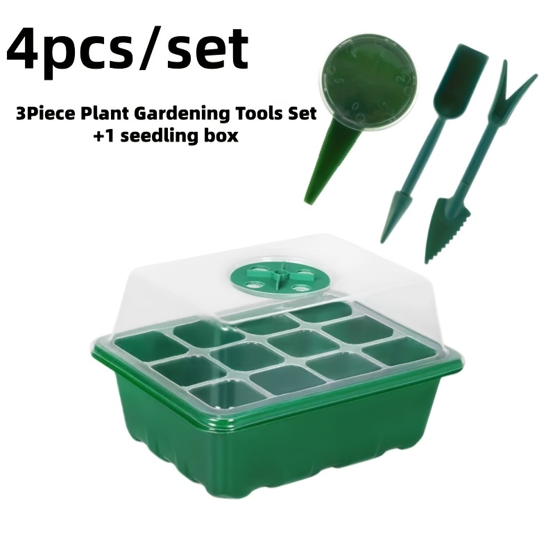 4pcs/set: 1 12-hole Seedling Tray With Lid, 3pcs Plant Gardening Tool Set - Portable Greenhouse Kit, Ventilated Lid, Seedling Moisture-retaining Base, Suitable For Vegetables, Flowers And Herbs