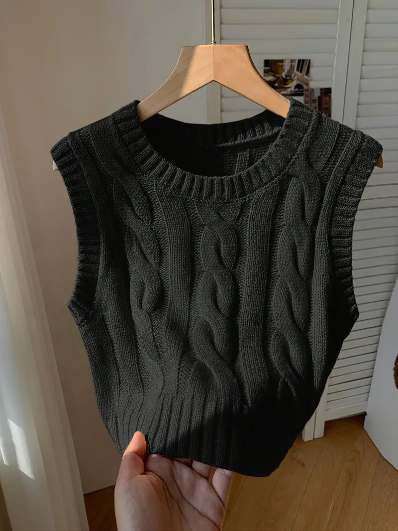gilet élégant pour femme à col rond manches - noir, lavable en machine, coupe standard de longueur courte pour printemps été automne, tenue décontractée polyvalente, mode saisonnière, design torsadé, tissu confortable Détails du produit 0