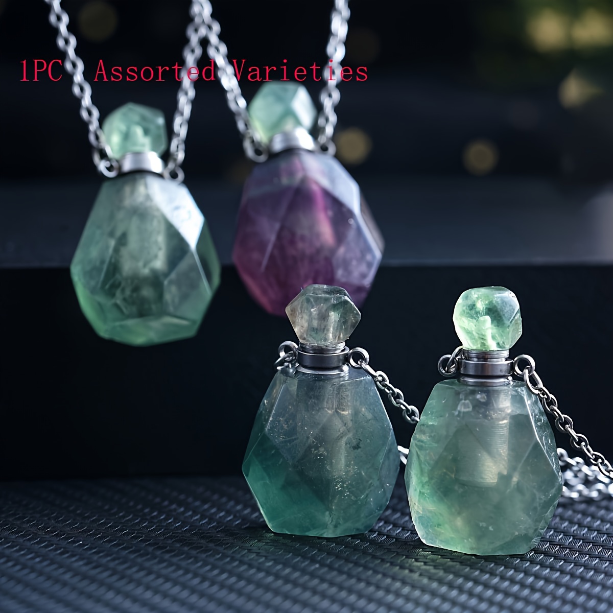 TEMU 1/3pcs Assorted Varieties Natural Fluorite Hand Carved Bottle Pendant Necklace Elegant Crystal Essential Oil Perfume Bottle Unisex Boho Chic