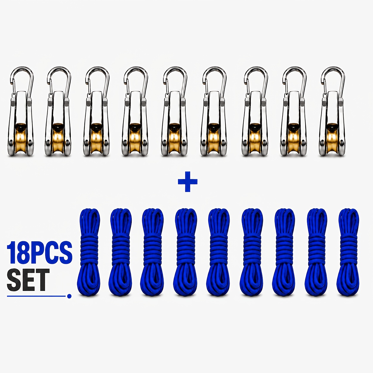TEMU 18pcs Rope Set With Roller Tensioners, Adjustable Rope Pulley System Set With Locking Buckles, 100 Lb Load, Includes 9 Metal Hooks And 9 3-meter