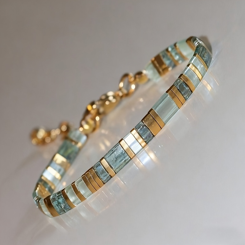 TEMU 1pc Green Easy Bohemian Style Glass Flat Bead Stackable Bead Bracelet, Holiday Gift