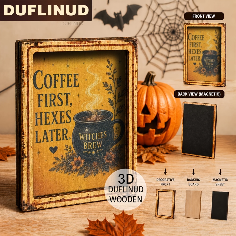 TEMU 1pc 3d Wooden Double-layer Halloween Theme Fridge Magnet, Mini Coffee And Cauldron Design, Warm Yellow Tone, Wooden Fridge Sticker, Fridge