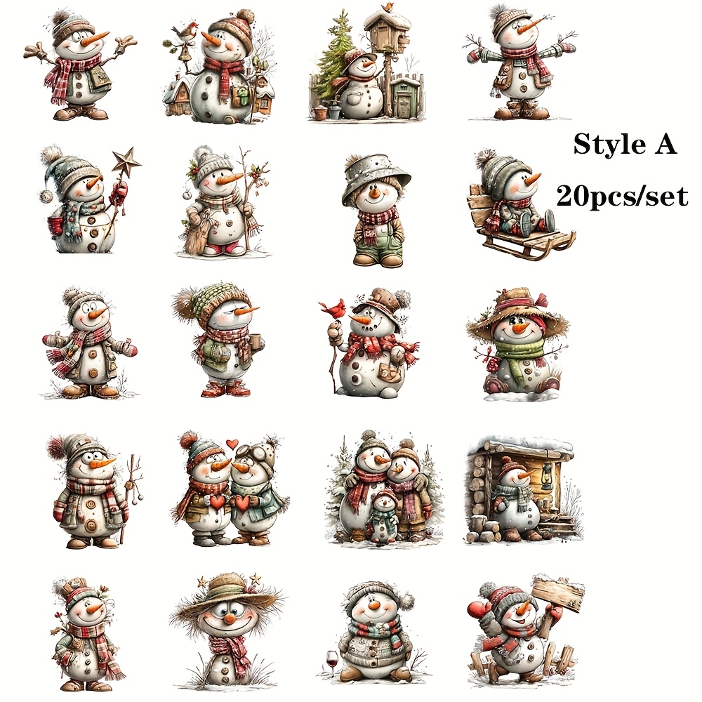TEMU 20pcs Set Vintage Christmas Snowman & Snowman - Self-adhesive Glossy Paper With Glittery Snowflakes, Carrots, Hats, Scarves - 2d Flat Snowman