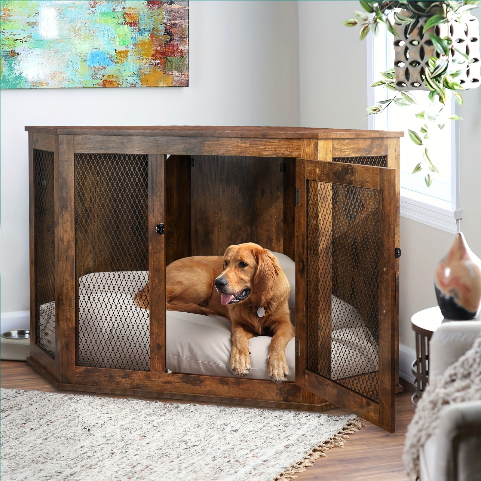 

Corner Dog Crate Furniture, 52 Inch Wooden Dog Kennel End Table With Mesh, Decorative Pet Crate Dog House For Large/medium/small Dog Indoor Use