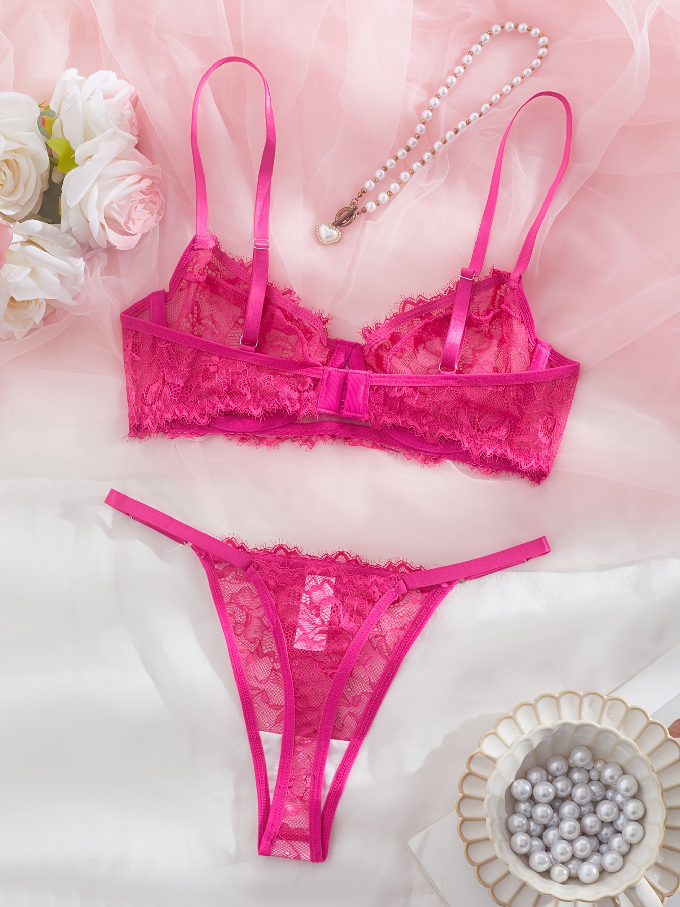 Sexy Lace-Trimmed Lash-Detail Thin Strap Lingerie Set