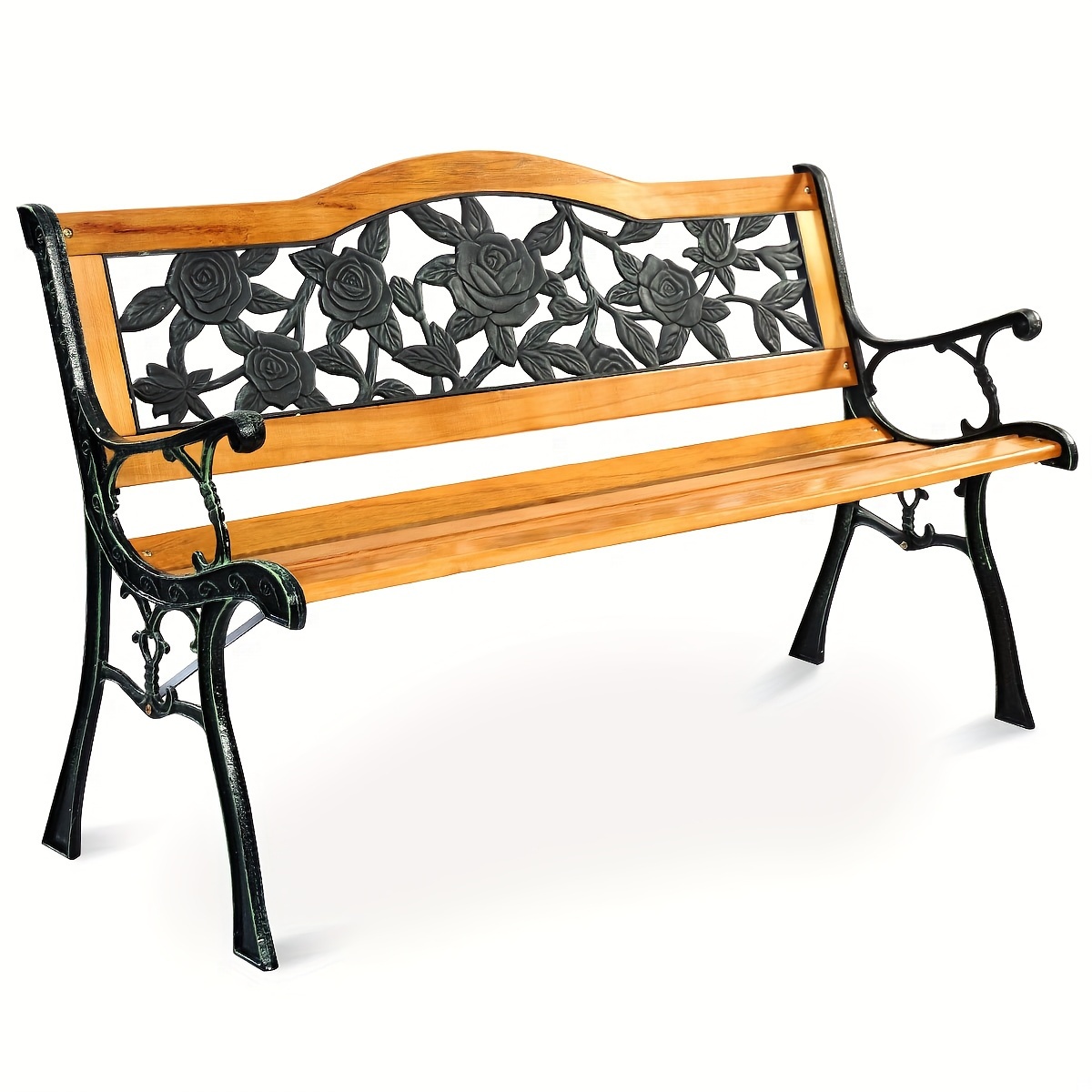 

1pc Outdoor Garden Rose Bench, Deck Hardwood Cast Iron Love Seat, For Patio Front Porch Path Yard Lawn, Outdoor Furniture