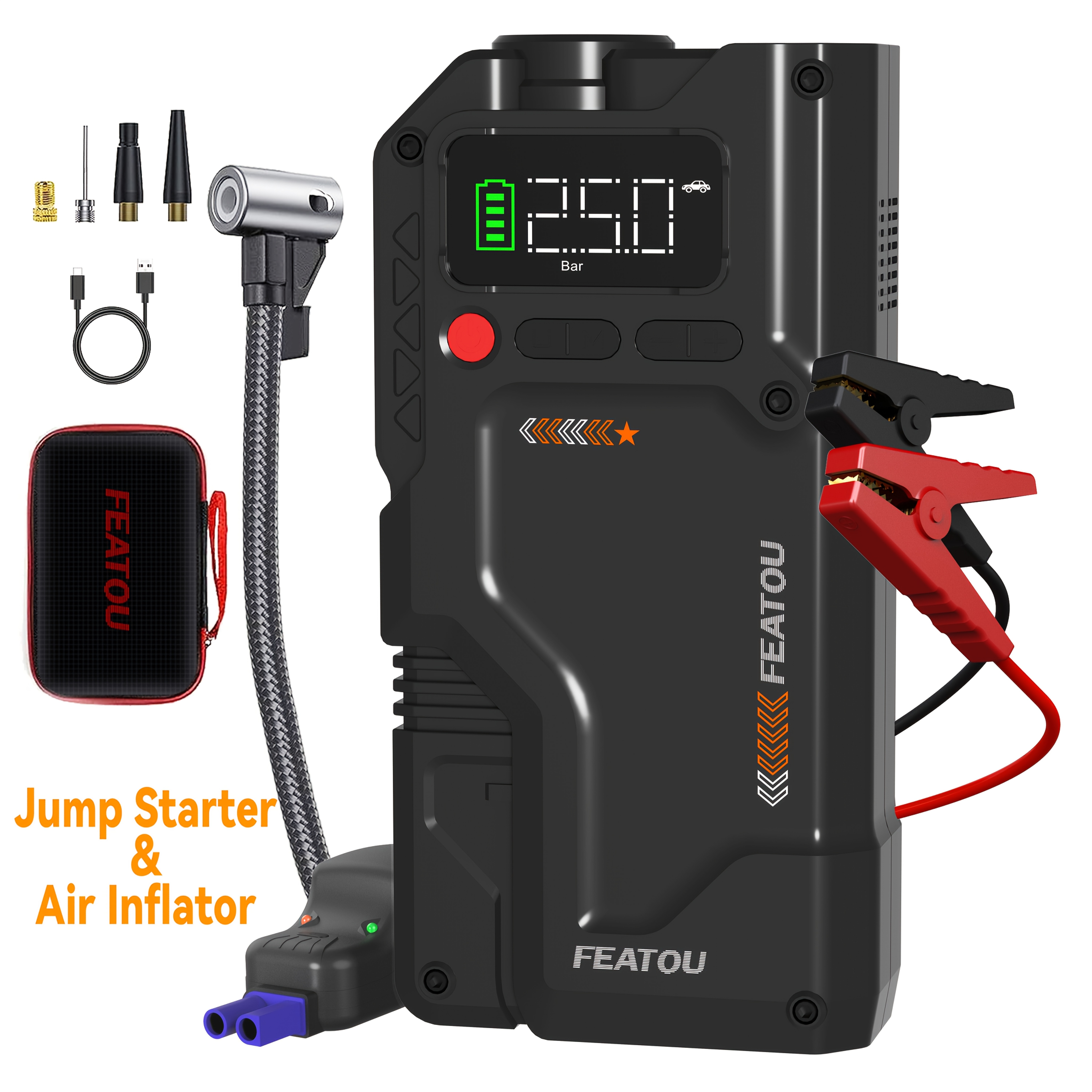 E-shop FEATOU Tragbarer Autostarthilfe mit Luftkompressor, 7000A 12V Batteriebooster mit Powerbank & LED-Taschenlampen, geeignet für 9,0L Benzin- oder