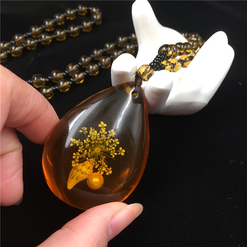 TEMU 1pc Amber Floating Saltwater Beeswax Bead Necklace, Honey Wax Amber Necklace Vintage Pendant Jewelry For Men