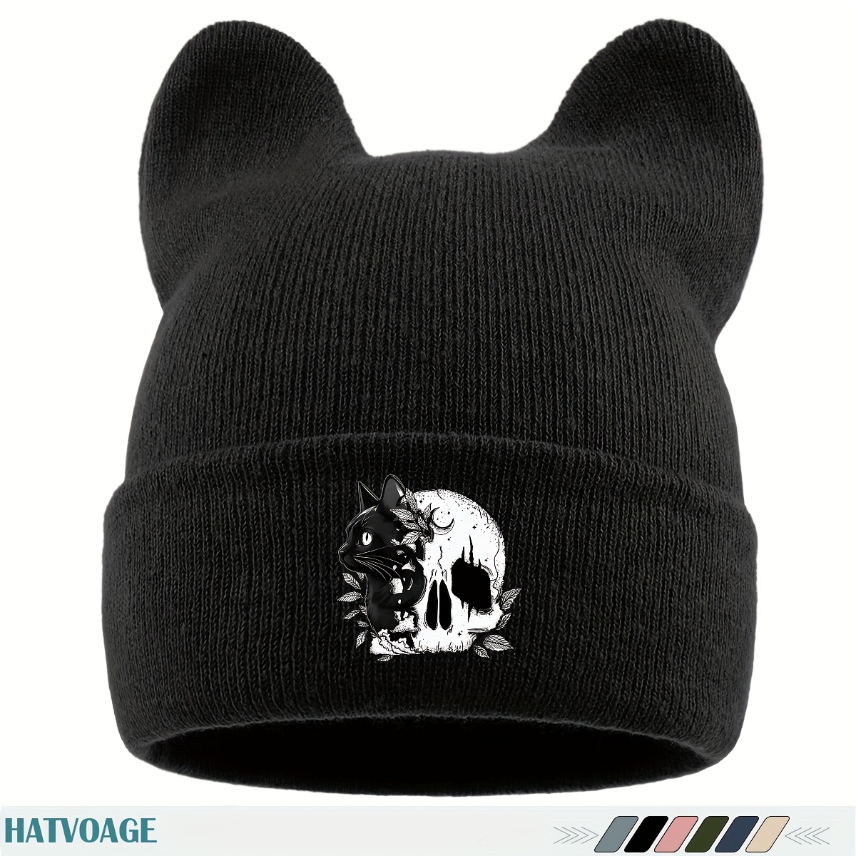 TEMU 1pc Fun "cat Skull" Print Cap, Loose Comfortable Women's Skull Beanie, Unisex, Couple Running Cap, Easy Athletic Street Skateboard Hat, Autumn