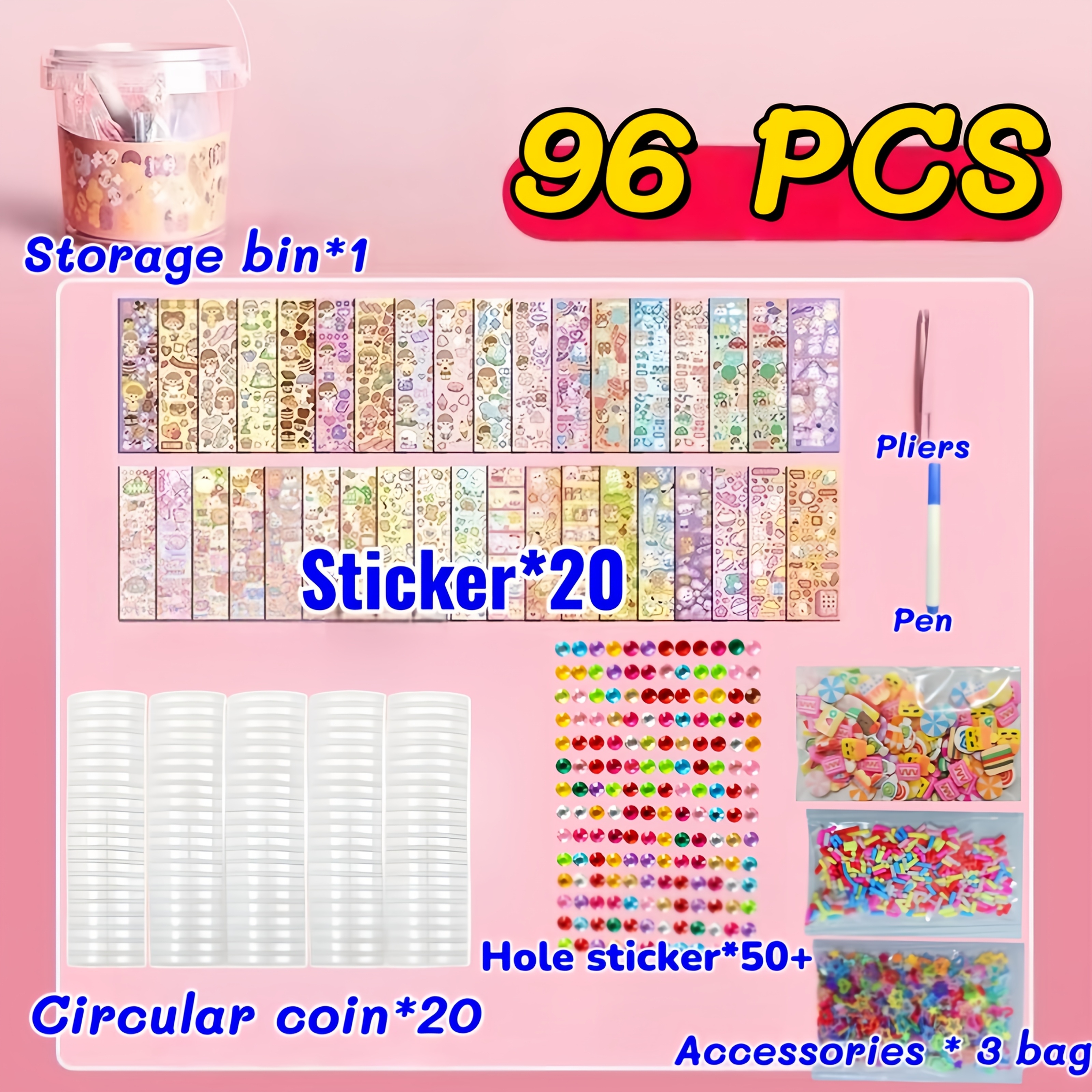 Image of 96pcs/poster Material Pack: Circular , Stickers, Clipping Tools, Etc. - Used To Create 20 Different Desktop Ornaments - Enhances Hand-drawing Skills. Suitable As Birthday Gifts, Christmas Gifts