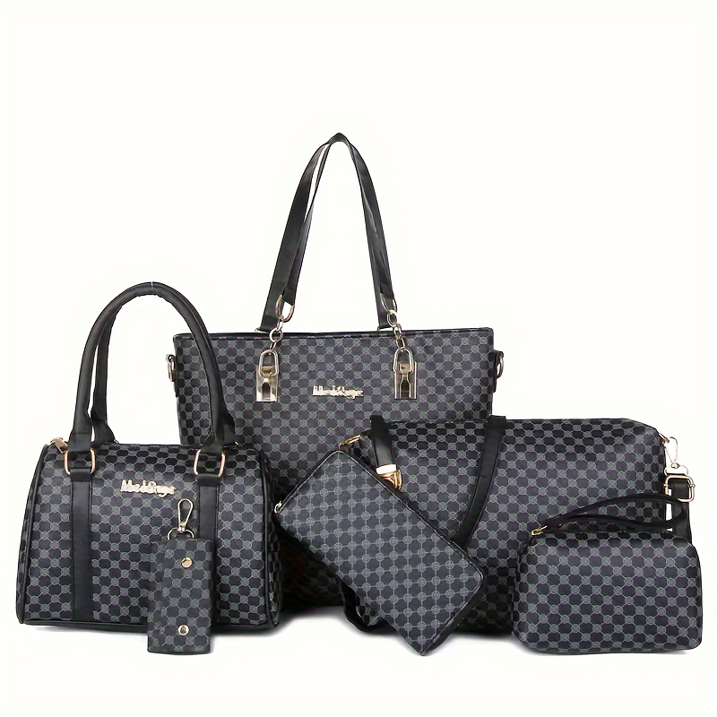 6pcs Women'S Fashionable Geometric Print PU Handbag Set
