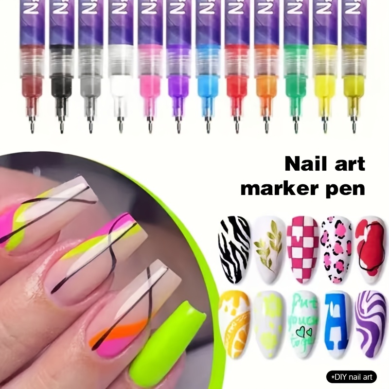 12 Colors Quick-Dry 0.5mm Tip 3D Nail Polish Pens - Fine Line Nail Art Markers with Brush for DIY Manicures, Nail Dotting & Line - Dopamine Color Set for Professional & Artists (No Wipe Required)