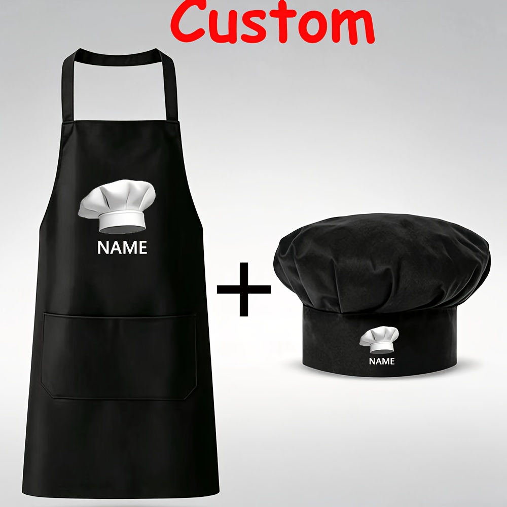 TEMU Custom Personalized Chef Hat And Apron Set - Logo/name/text, Name Customization On Chef Hat Pattern, Unisex Adult/cooking Attire With Pockets,