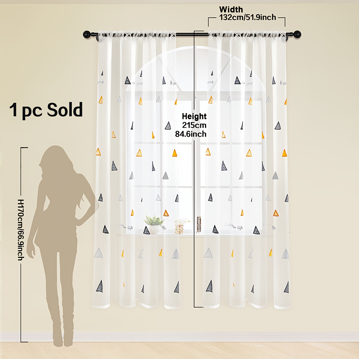 Image of 1pc Multicolor Triangular Embroidered Sheer Curtain, White Translucent Gauze, Rod Pocket, Easy Style Window Scarf For Rooms, Living Room And Bedroom Decor, Christmas Home Decor