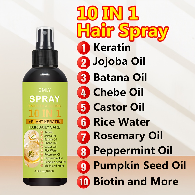 100ml 10 in 1 hair spray with keratin rosemary blend for long lasting smoothness and   up to 72 hours heat damage protection   to frizz easy absorption leave in conditioner