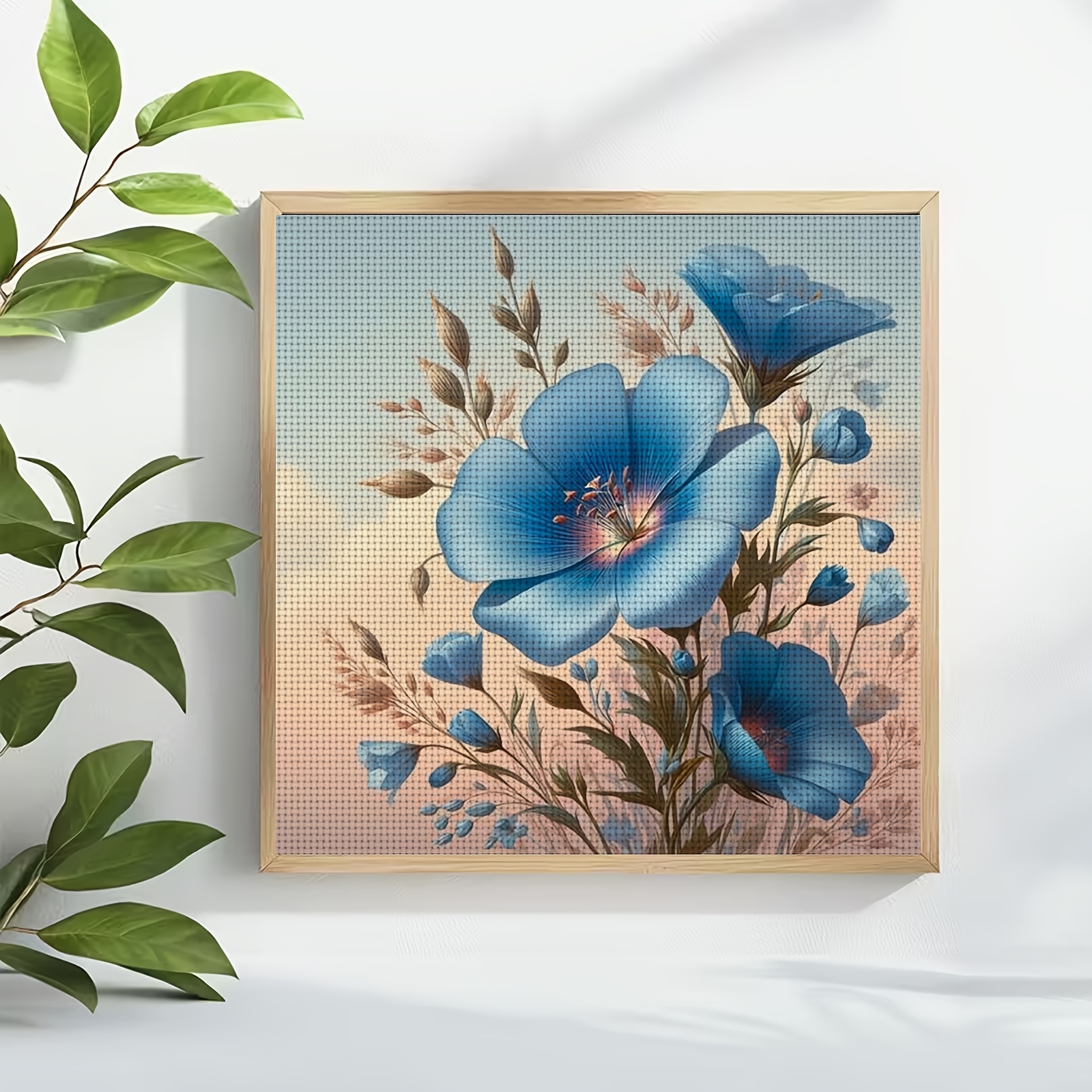Complete DIY Cross-Stitch Starter Kit, Blue Flowers Blooming Pattern