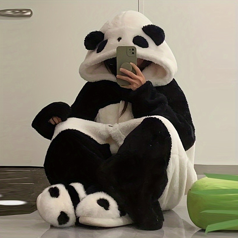 

Glam Style Wearable Panda Blanket With Hood - Cozy Flannel Fleece Tv Lounger - Thick Plush Robe Sleepwear For Home - Machine Washable - Polyester - Animal Theme - 1 Size Fits Most