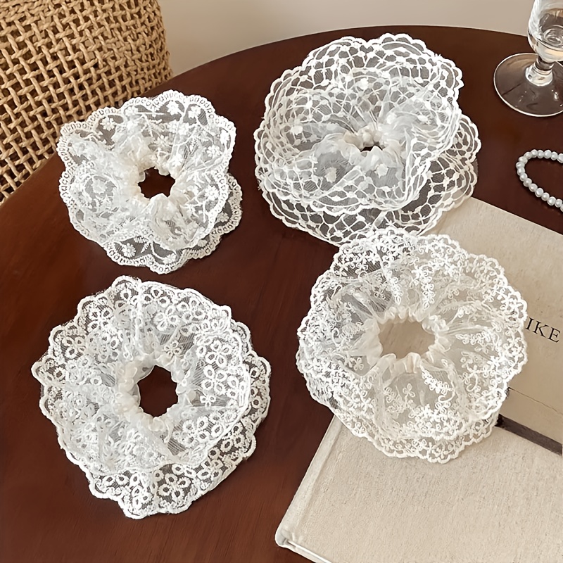 Image of 4pcs White Lace Scallop Daisy Clover Vine Mesh Hair Ties, Suitable For Pastoral Beach Camping Exquisite Styling, And Hair Types