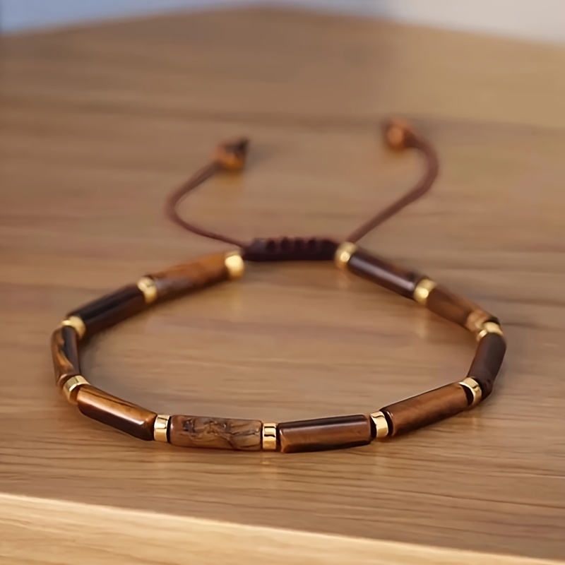 E-shop Naturstein Tigerauge & Grüner Aventurin Perlenarmband: Exquisites 4×13mm Naturstein-Handstück im Minimalistischen Tibetanischen Boho-Stil