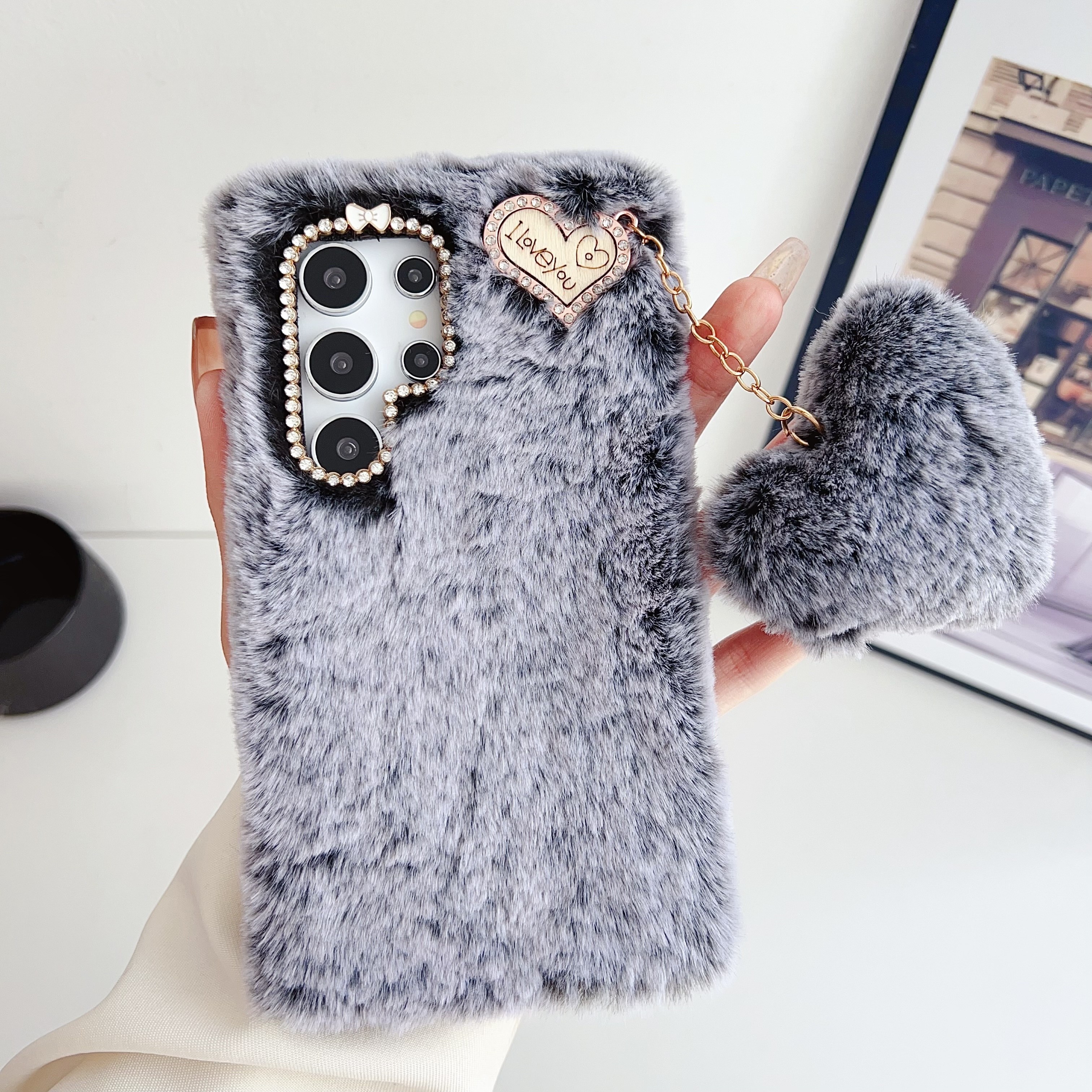 TEMU Estuche Protector de Peluche Romántico con Colgante de , Compatible para for Samsung S25/S25 Plus/S25 Ultra/S24/S24 Plus/S24 Ultra/S23/S23