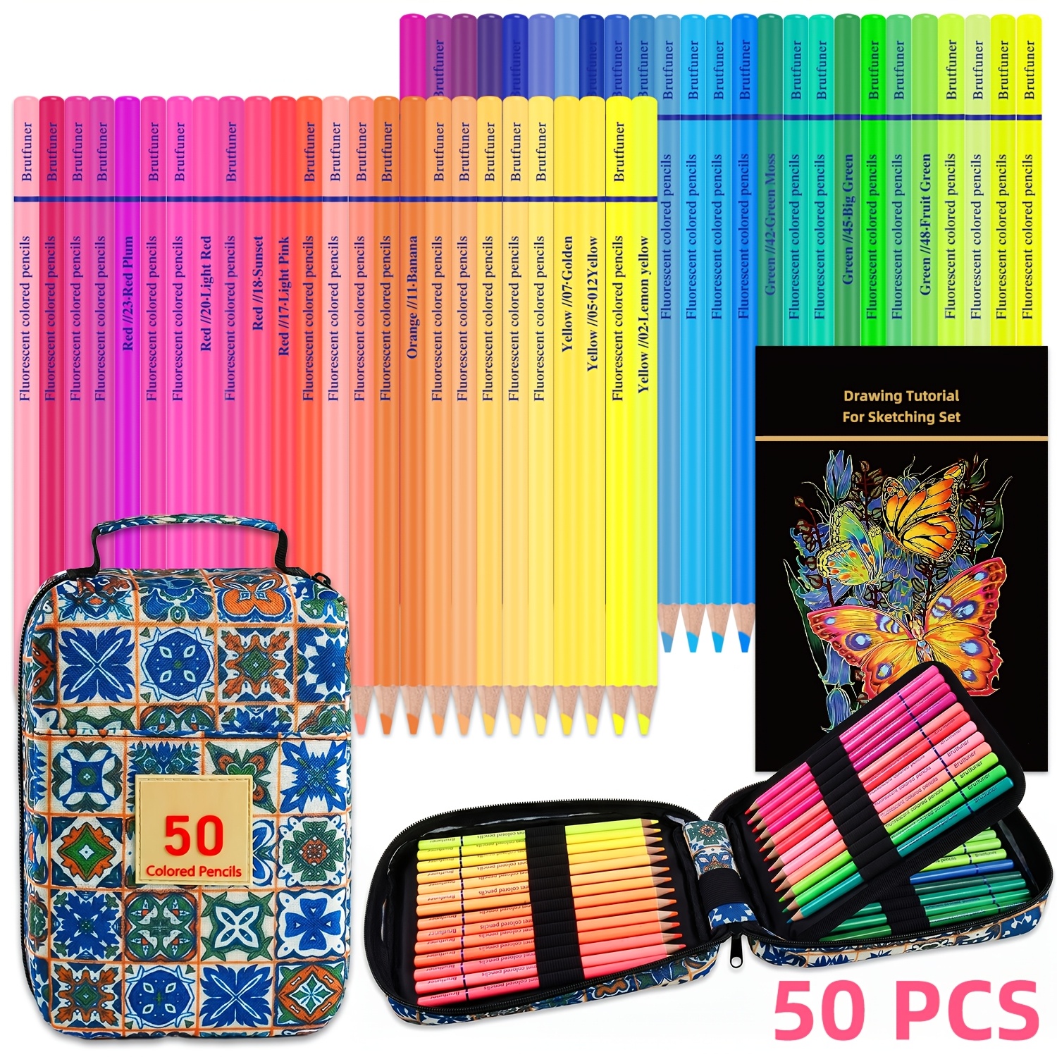 Image of 50 Fluorescent Neon Colored Pencil Set,50 Bright Colors,pre-,coloring Books & Mixed Projects,for Professional Artistic Use