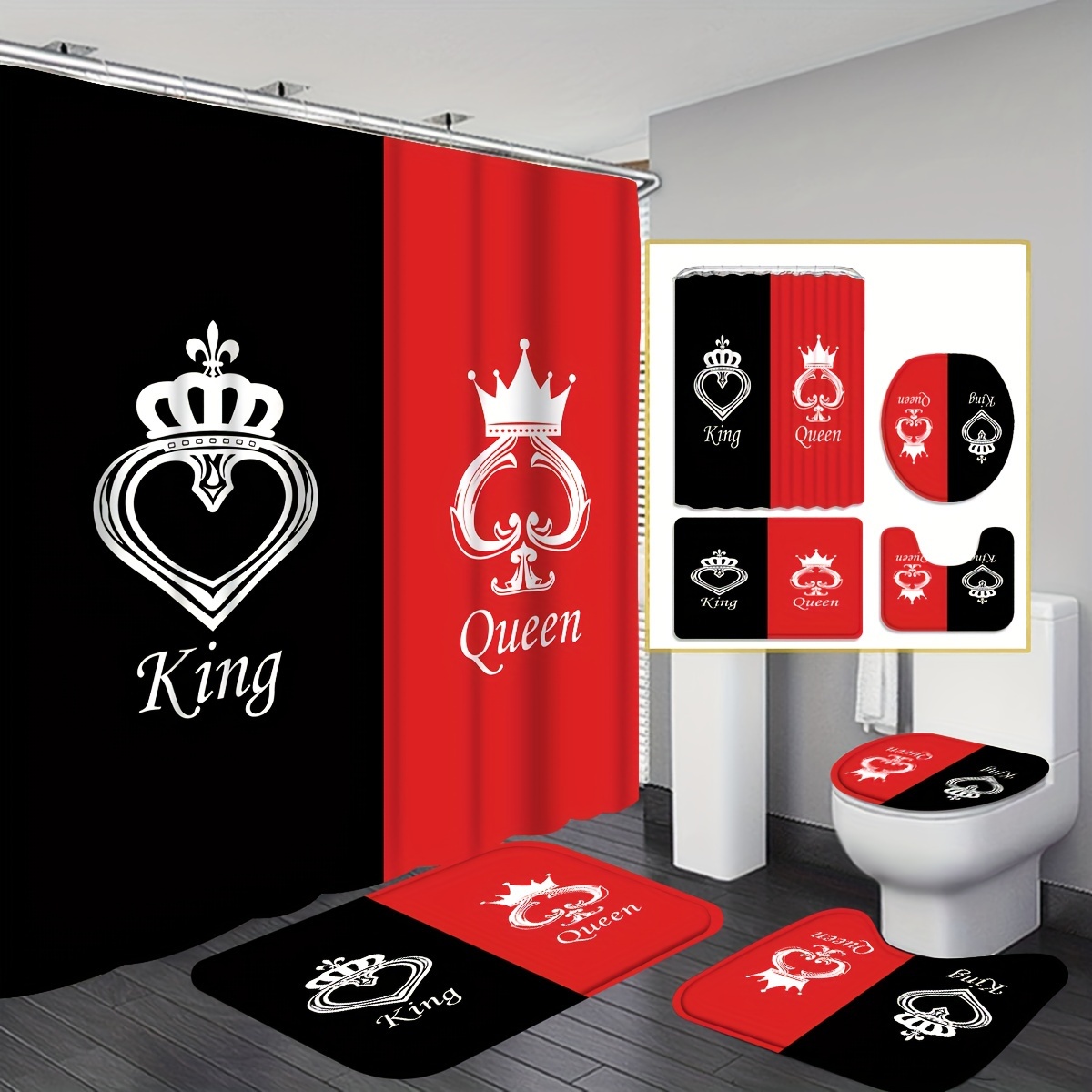

1/4pcs Crown King & Queen Pattern Shower Set, Waterproof Shower With 12 Hooks, Bathroom Rug, Toilet U-shape Mat, Toilet Lid Cover, Bathroom Full Sets, Bathroom Accessories, Home Decor