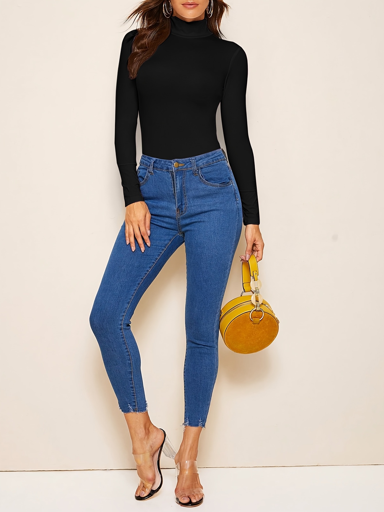 Solid Color Mock Neck T-Shirt, Versatile Long Sleeve T-Shirt For Spring & Fall, Women's Clothing