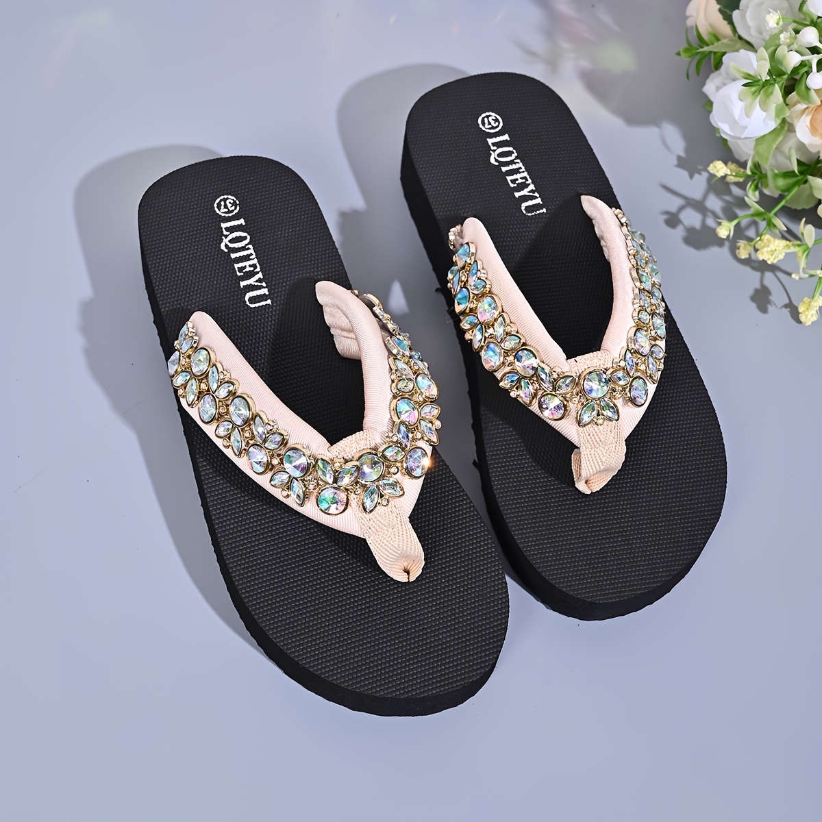 TEMU Women's Summer Size Flip-flops With Rhinestone Chain Decoration, Comfortable Slip-on Toe-post Flat , Suitable For Weddings, Banquets, Walking,