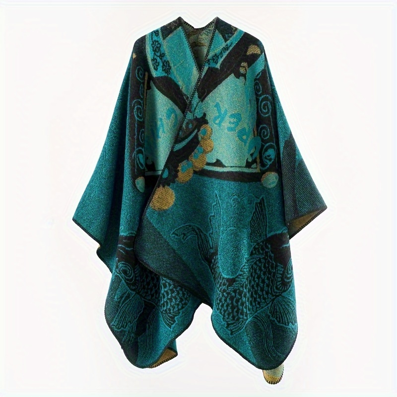 

Cozy Koi Fish Print Shawl For Women - Warm & Stylish Cape Poncho With Tassel Detail, Fall/winter