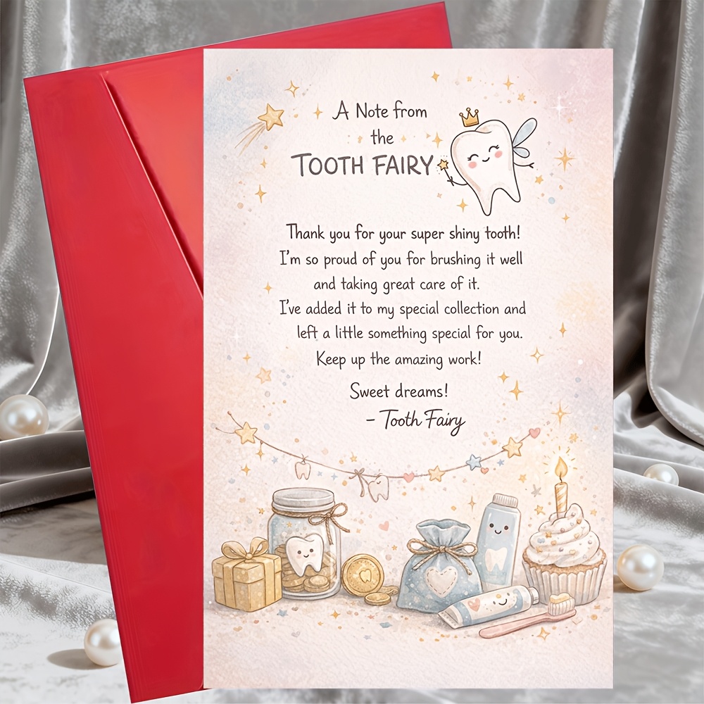 TEMU 1 Greeting Card + 1 Envelopetooth Fairy Note Card Cute Reward Message Card For Lost Tooth Milestone Gift For Parents Grandparents Bedtime