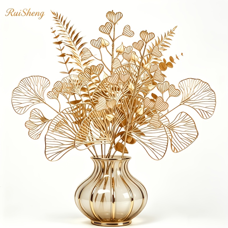 TEMU Ensemble de 12 feuilles artificielles dorées, 4 styles mixtes, feuilles d'eucalyptus complètes, feuilles de ginkgo, feuilles de cœur, feuilles
