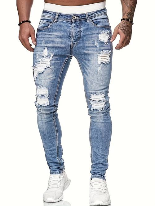 mens skinny fit distressed washed jeans stretch with frayed knee cuff tears machine washable vintage for wear street style immediate shipment compatible
