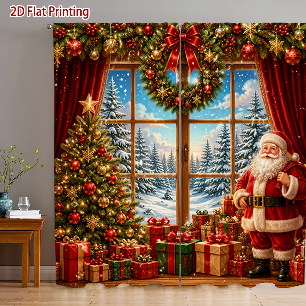 TEMU 2d Flat, 2pcs 2d Flat Printing Santa Claus Christmas Tree Christmas Gift Snow Scene Printed Curtains, Soft Light, Privacy Protection, Rod Pocket