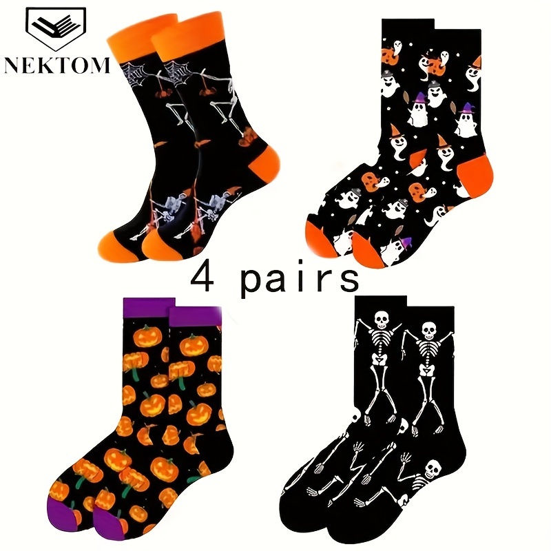 

Nektom Themed Socks Set Of 4 Pairs, Hand Washable, Knit Fabric, Assorted Pumpkin, Bats, And Skeleton Patterns