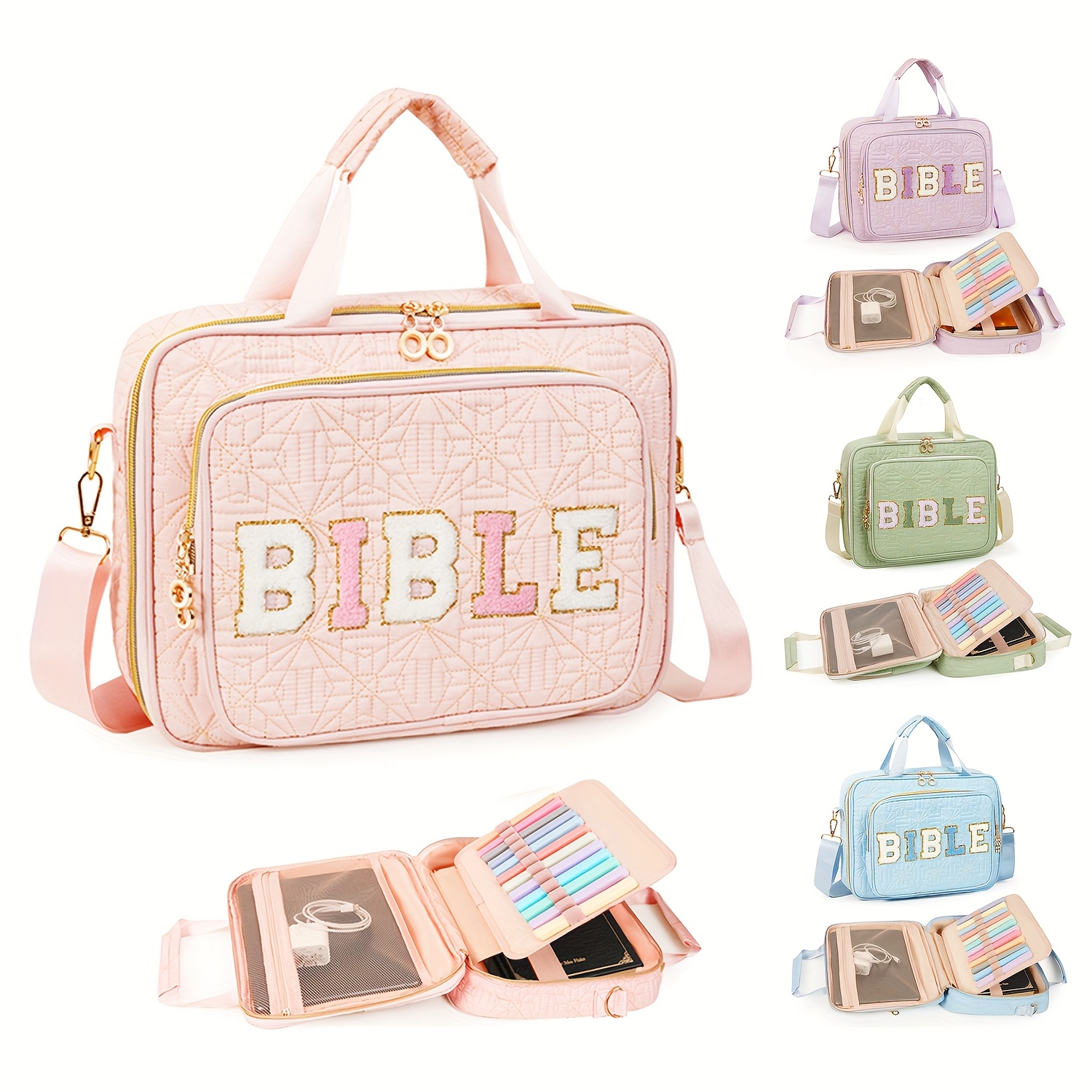 Women'S Bible Pouch - Large, Portable Shoulder Bag with "BIBLE" Embroidery, Polyester Material, Ideal Gift for Women, Men, and Girls, Bible Storage Bag | Vibrant Embroidery | Durable Zipper Closure, Bible Bag