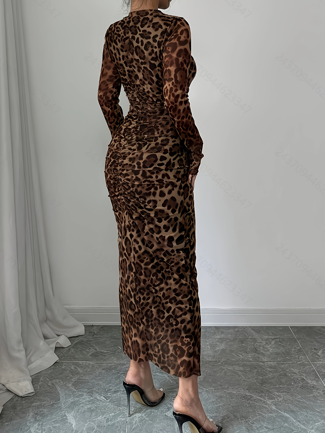 brown mesh leopard print ruched bodycon dress Ella leopard print mesh ruched midi dress – Glamify Famous For Loungewear main image 0