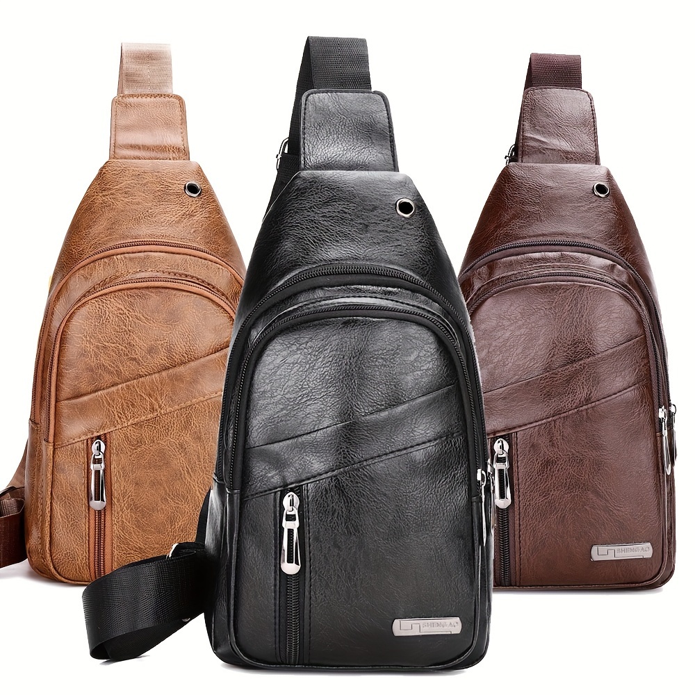 

Men's Pu Soft Leather Chest Bag, Simple Shoulder Bag, Waterproof Casual Business Crossbody Bag With Earphone Hole