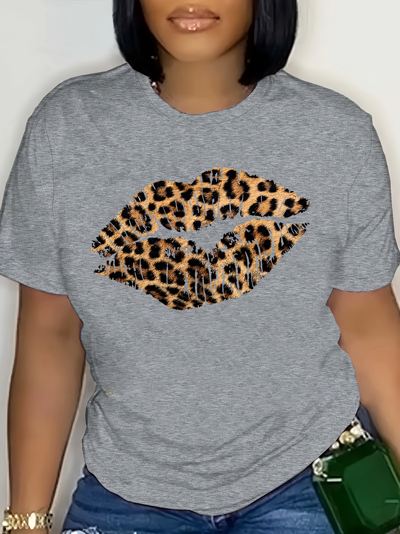 women's vibrant yellow leopard lips graphic tee shirt casual