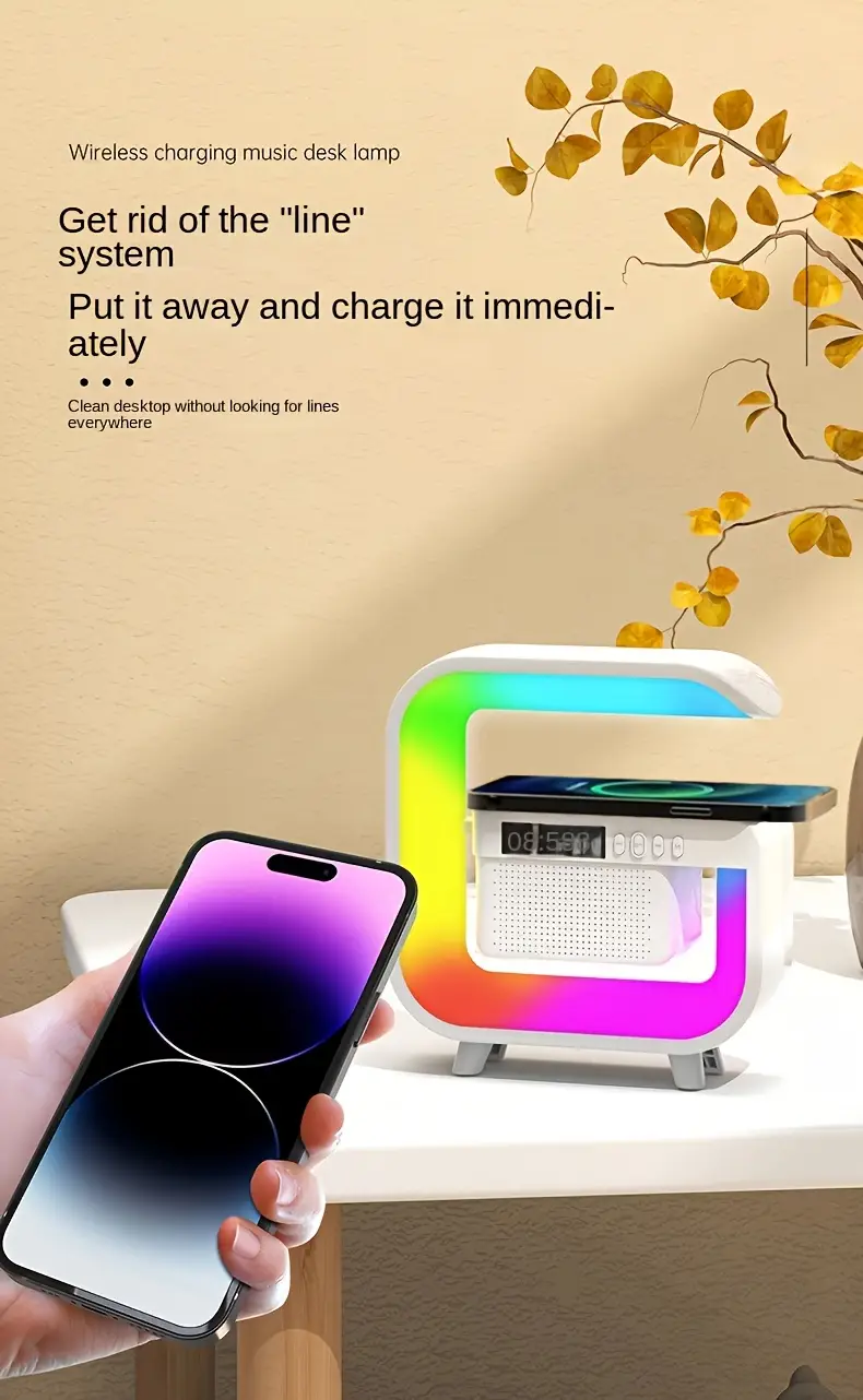 compact wireless charging pad with speaker tf card slot rgb night light alarm clock and fast charging capabilities for devices like iphone samsung and xiaomi details 3