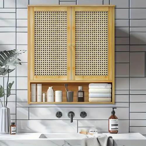 Holz Schrank Wandhalterung, Rattan Arztkoffer mit Regalen und Türen, Wandschrank über Toilette, Aufbewahrungsorganizer für Waschküche, Küche, Wohnzimmer